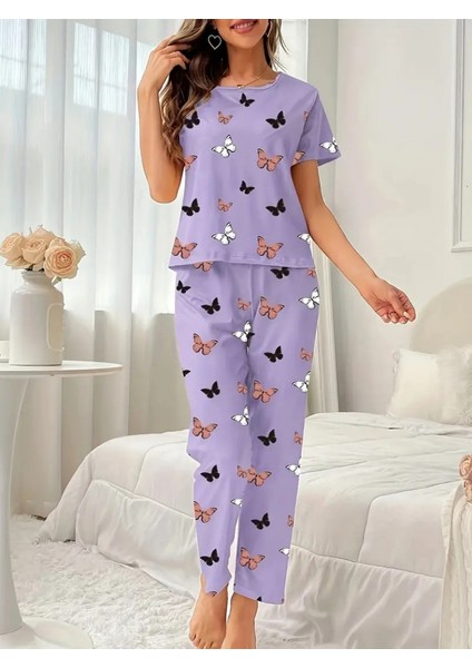 Mottisfashion Kadın Kısa Kollu Bisiklet Yaka Kelebek Baskılı Süprem Ikili Takım