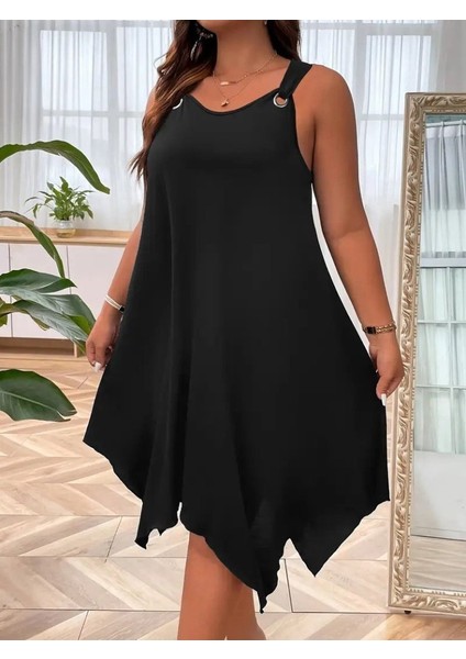 Mottisfashion Kadın Askılı Yuvarlak Yaka Kuş Gözü Detaylı Asimetrik Viskon Elbise modelleri
