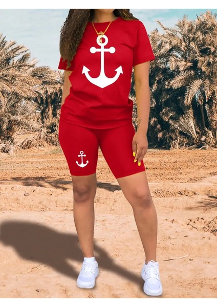 Mottisfashion Kadın Kısa Kollu Çapa Baskılı Viskon Ikili Takım modelleri