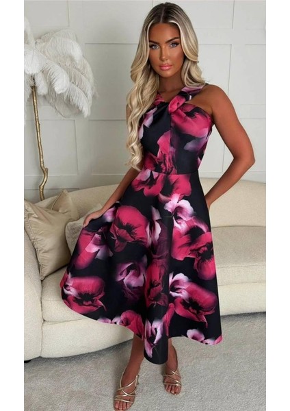Mottisfashion Kadın Halter Yaka Detay Ciçek Baskılı Midi Boy Elbise