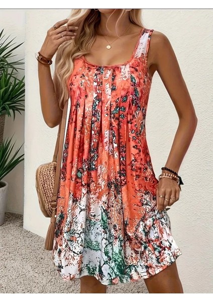 Mottisfashion Kadın Sıfır Kollu Kare Yaka Önden Pileli Salaş Süprem Elbise