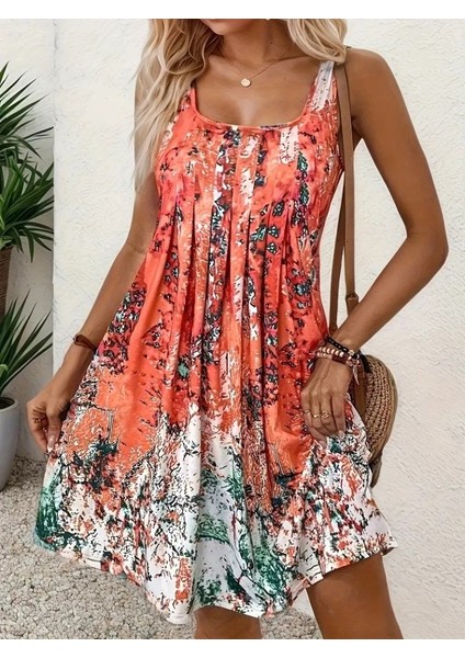 Mottisfashion Kadın Sıfır Kollu Kare Yaka Önden Pileli Salaş Süprem Elbise modelleri