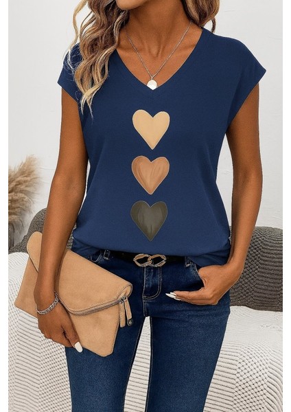 Mottisfashion Kadın Kısa Kollu V Yakalı Kalp Desen Viskon Bluz modelleri