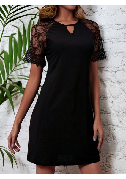 Mottisfashion Kadın Dantelli Kısa Kollu Damla Yaka Krep Elbise fırsatları