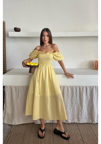 Mottisfashion Sarı Gipeli Brode Elbise