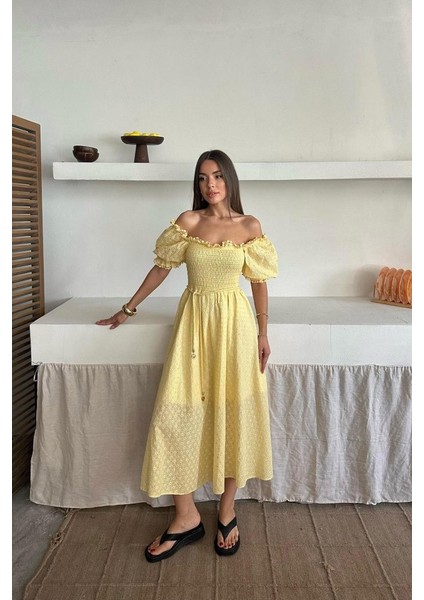 Mottisfashion Sarı Gipeli Brode Elbise fiyatları