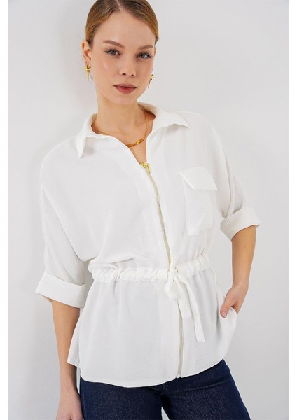 Mottisfashion Fermuarlı Gömlek 0721 - Beyaz fırsatları