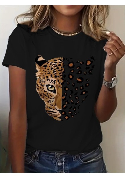 Mottisfashion Kadın Kısa Kollu Bisiklet Yaka Desenli Viskon Bluz