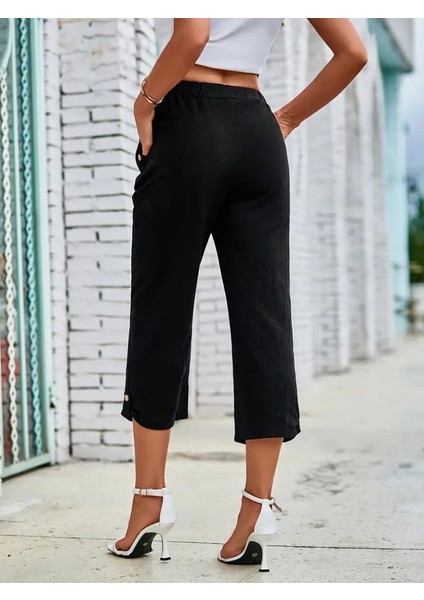 Mottisfashion Kadın Beli Lastikli Düğme ve Cep Detaylı Kapri Ithal Keten Pantolon indirimleri