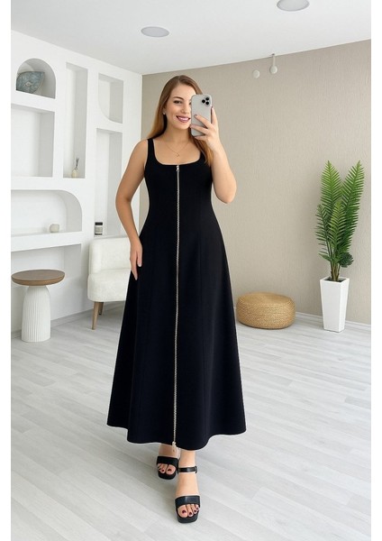 Mottisfashion Kadın Askılı Kare Yaka Önden Fermuarlı Geniş Kesim Janjan Krep Elbise modelleri
