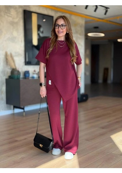 Mottisfashion Kadın Kısa Kollu Bisiklet Yaka Asimetrik Viskon Iki Iplik Bluz ve Pantolon Ikili Takım