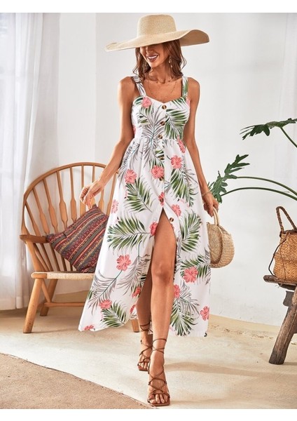 Mottisfashion Kadın Askılı Önden Düğmeli Yaprak Desenli Uzun Süprem Elbise indirimleri