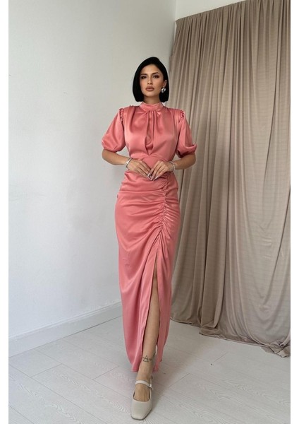 Mottisfashion Pudra Büzgülü Saten Elbise