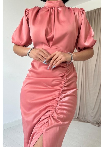 Mottisfashion Pudra Büzgülü Saten Elbise modelleri
