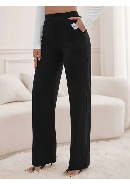 Mottisfashion Kadın Yüksek Bel Cepli Geniş Kesim Ithal Krep Pantolon