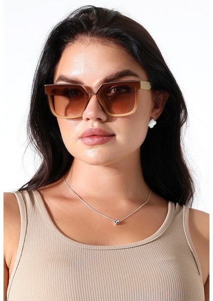 Kadın Bej Rengi Oversize UV400 Güneş Gözlüğü 23019 C21 fırsatları