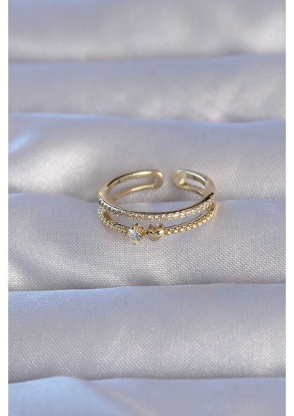 Pirinç Gold Renk Zirkon Taşlı Kalpli Su Yolu Model Ayarlanabilir Yüzük fiyatları