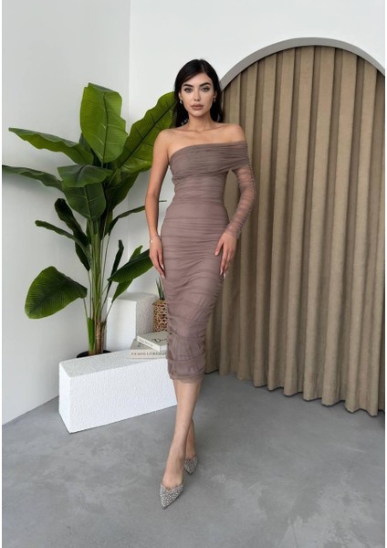 Mottisfashion Polack Tek Omuz Tül Elbise modelleri