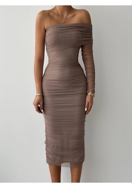 Mottisfashion Polack Tek Omuz Tül Elbise