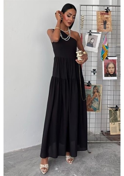 Mottisfashion Tek Omuzlu Pile Detay Maxi Elbise 2895