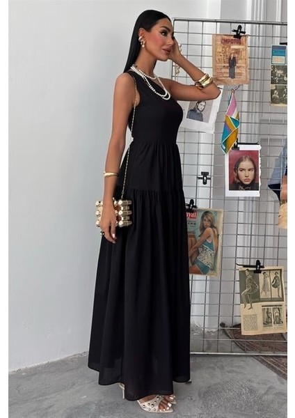 Mottisfashion Tek Omuzlu Pile Detay Maxi Elbise 2895