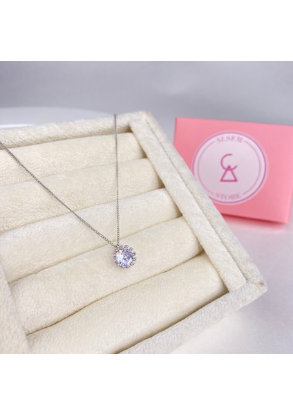 925 Tektaş Mini Kolye , Swarovski Tek Taş Yuvarlak Detaylı Gümüş Kolye ,ışıltılı Yuvarlak Tektaş Kolye