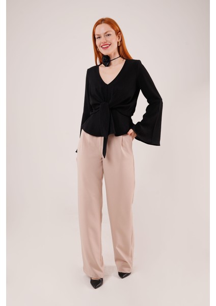 Mottisfashion Ön Bağlamalı Volan Kol Siyah Bluz fiyatları