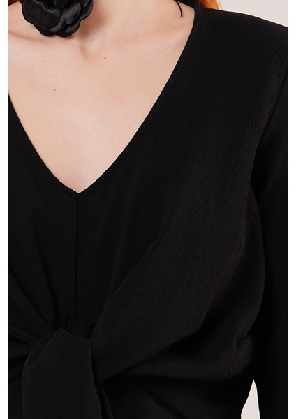 Mottisfashion Ön Bağlamalı Volan Kol Siyah Bluz modelleri