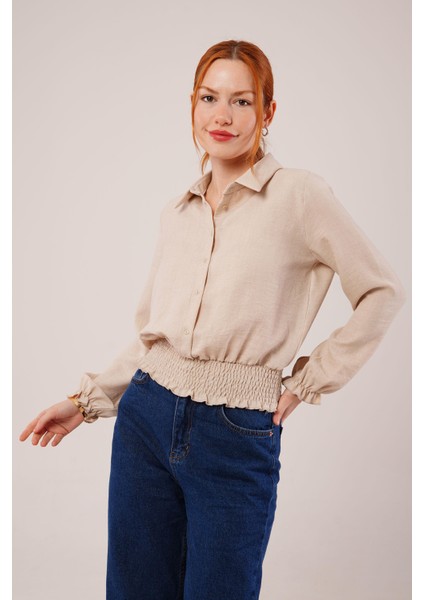 Mottisfashion Bel ve Bilek Lastikli Bej Bluz