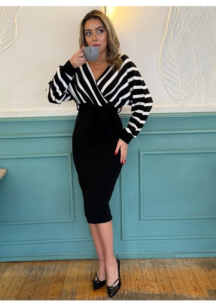 Mottisfashion Uzun Kollu Kruvaze Yaka Çizgi Desenli Kısa Triko Elbise fiyatları