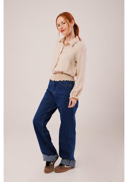 Mottisfashion Bel ve Bilek Lastikli Bej Bluz