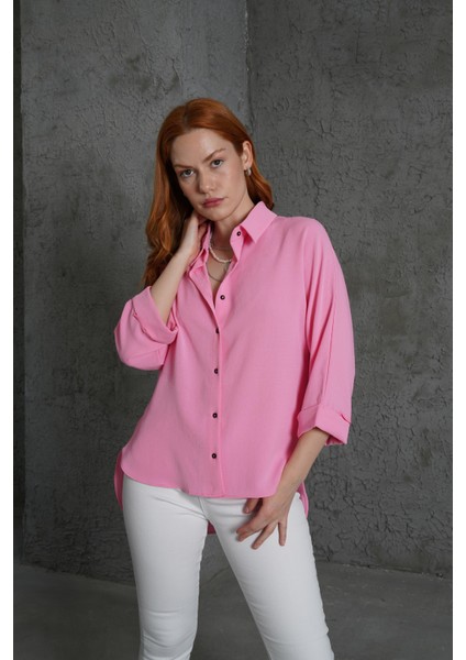 Mottisfashion Kol Katlama Detaylı Pembe Gömlek