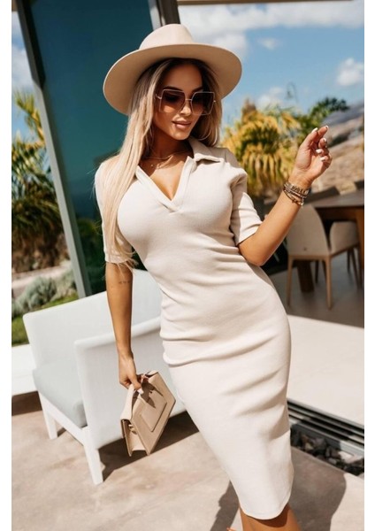 Mottisfashion Kadın Kısa Kollu V Yaka Kaşkorse Kumaş Elbise