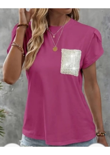 Kadın Pul Payet Cepli T-Shirt