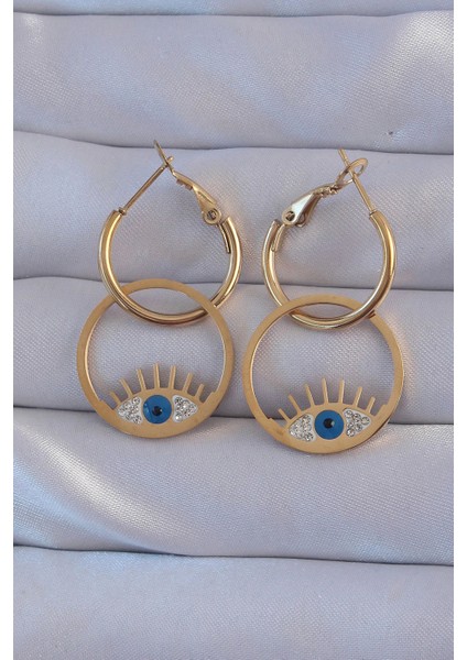 316L Çelik Gold Renk Zirkon Taşlı Mavi Göz Tasarımlı Halka Küpe