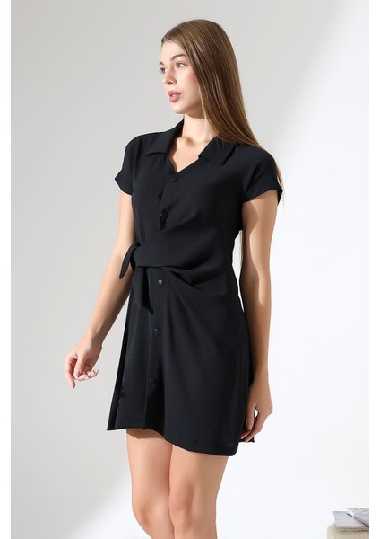 Siyah Keten Kısa Kol Kuşak Detaylı Çıt Çıt Kapama Kadın Gömlek-Elbise Tasarım Büyük Beden fiyatları