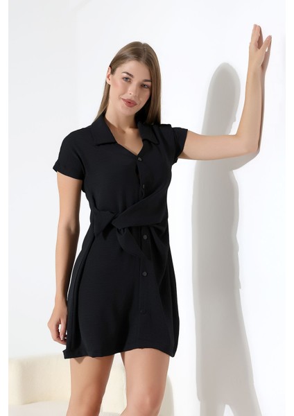 Siyah Keten Kısa Kol Kuşak Detaylı Çıt Çıt Kapama Kadın Gömlek-Elbise Tasarım Büyük Beden modelleri