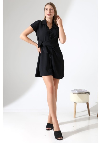 Siyah Keten Kısa Kol Kuşak Detaylı Çıt Çıt Kapama Kadın Gömlek-Elbise Tasarım Büyük Beden indirimleri