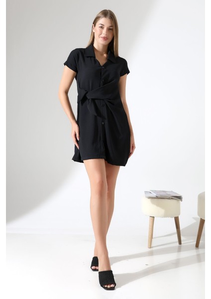 Siyah Keten Kısa Kol Kuşak Detaylı Çıt Çıt Kapama Kadın Gömlek-Elbise Tasarım Büyük Beden