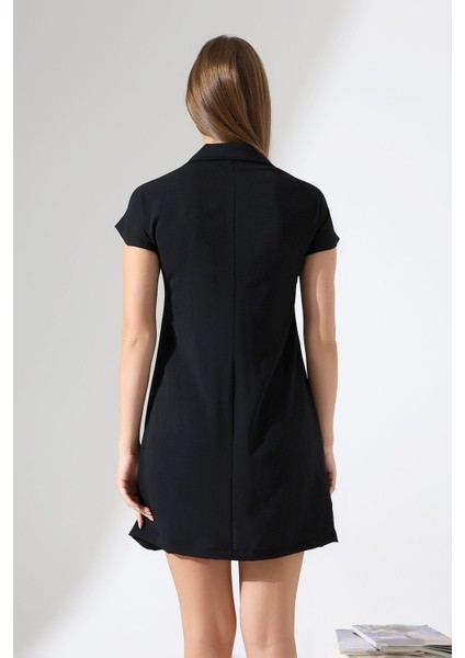 Siyah Keten Kısa Kol Kuşak Detaylı Çıt Çıt Kapama Kadın Gömlek-Elbise Tasarım Büyük Beden
