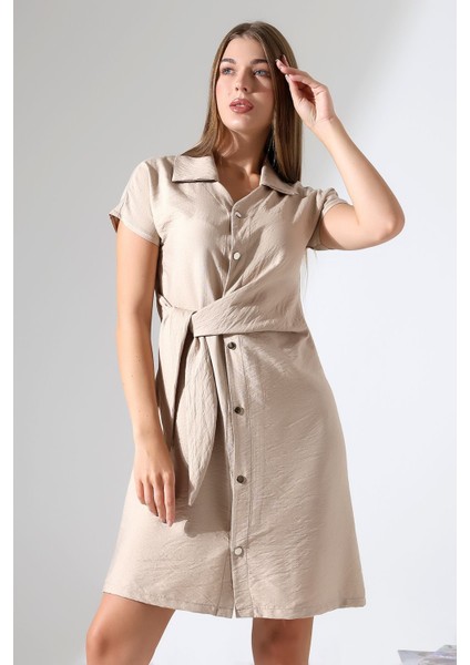Bej Keten Kısa Kol Kuşak Detaylı Çıt Çıt Kapama Kadın Gömlek-Elbise Tasarım Büyük Beden fırsatları