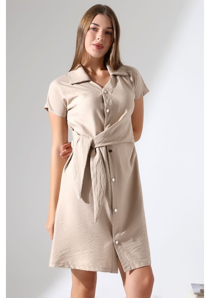 Bej Keten Kısa Kol Kuşak Detaylı Çıt Çıt Kapama Kadın Gömlek-Elbise Tasarım Büyük Beden indirimleri