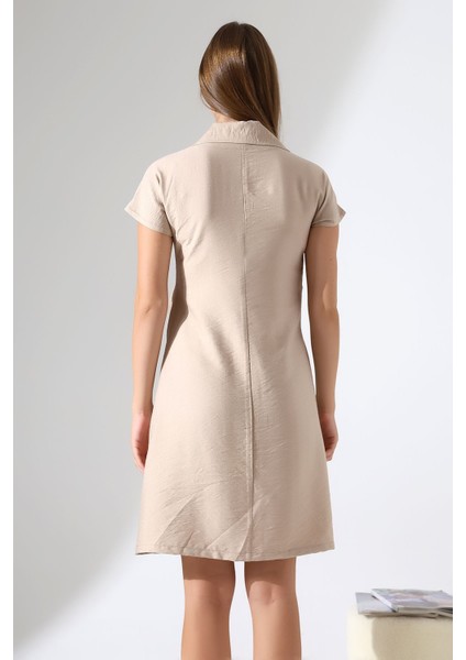 Bej Keten Kısa Kol Kuşak Detaylı Çıt Çıt Kapama Kadın Gömlek-Elbise Tasarım Büyük Beden