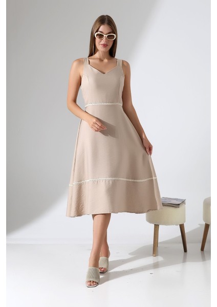 Bej Keten Askılı Dantel Detaylı Çan Etek Midi Kadın Elbise Tasarım Büyük Beden