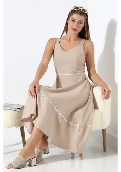 Bej Keten Askılı Dantel Detaylı Çan Etek Midi Kadın Elbise Tasarım Büyük Beden modelleri