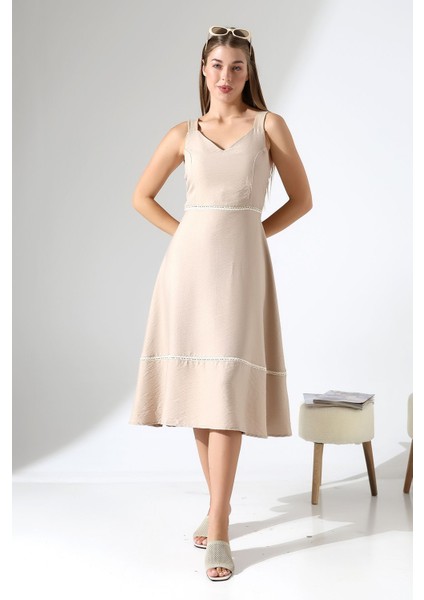 Bej Keten Askılı Dantel Detaylı Çan Etek Midi Kadın Elbise Tasarım Büyük Beden fırsatları