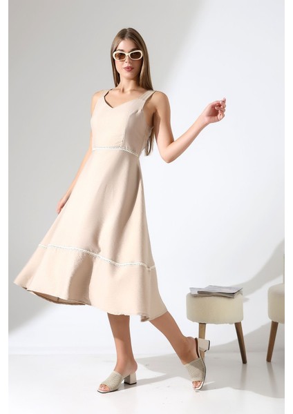 Bej Keten Askılı Dantel Detaylı Çan Etek Midi Kadın Elbise Tasarım Büyük Beden indirimleri