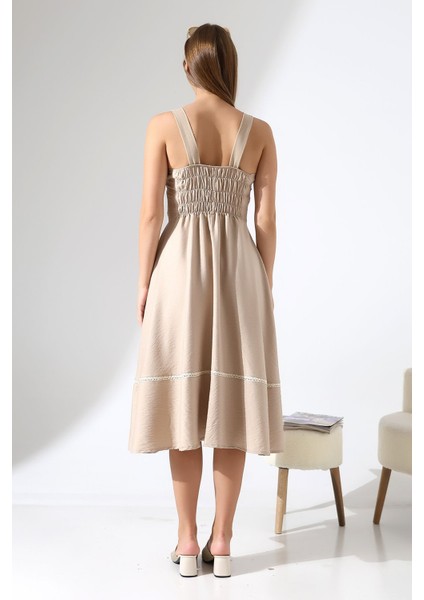Bej Keten Askılı Dantel Detaylı Çan Etek Midi Kadın Elbise Tasarım Büyük Beden