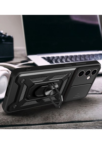 Infinix Hot 30 Play Kılıf Magnetik Standlı Kamera Korumalı Sys Sürgülü Vega Kapak - Siyah