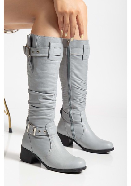 Kadın Hakiki Deri Körüklü Ayarlanabilir Tokalı Çizme - Gri